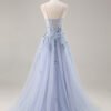 Sky Blue Applique Spaghetti Strap Long Prom Dress with Side Slit