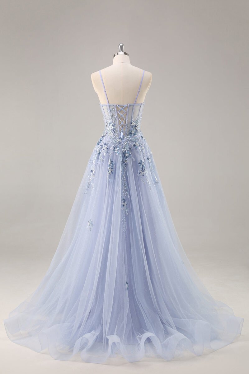 Sky Blue Applique Spaghetti Strap Long Prom Dress with Side Slit