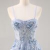 Sky Blue Applique Spaghetti Strap Long Prom Dress with Side Slit