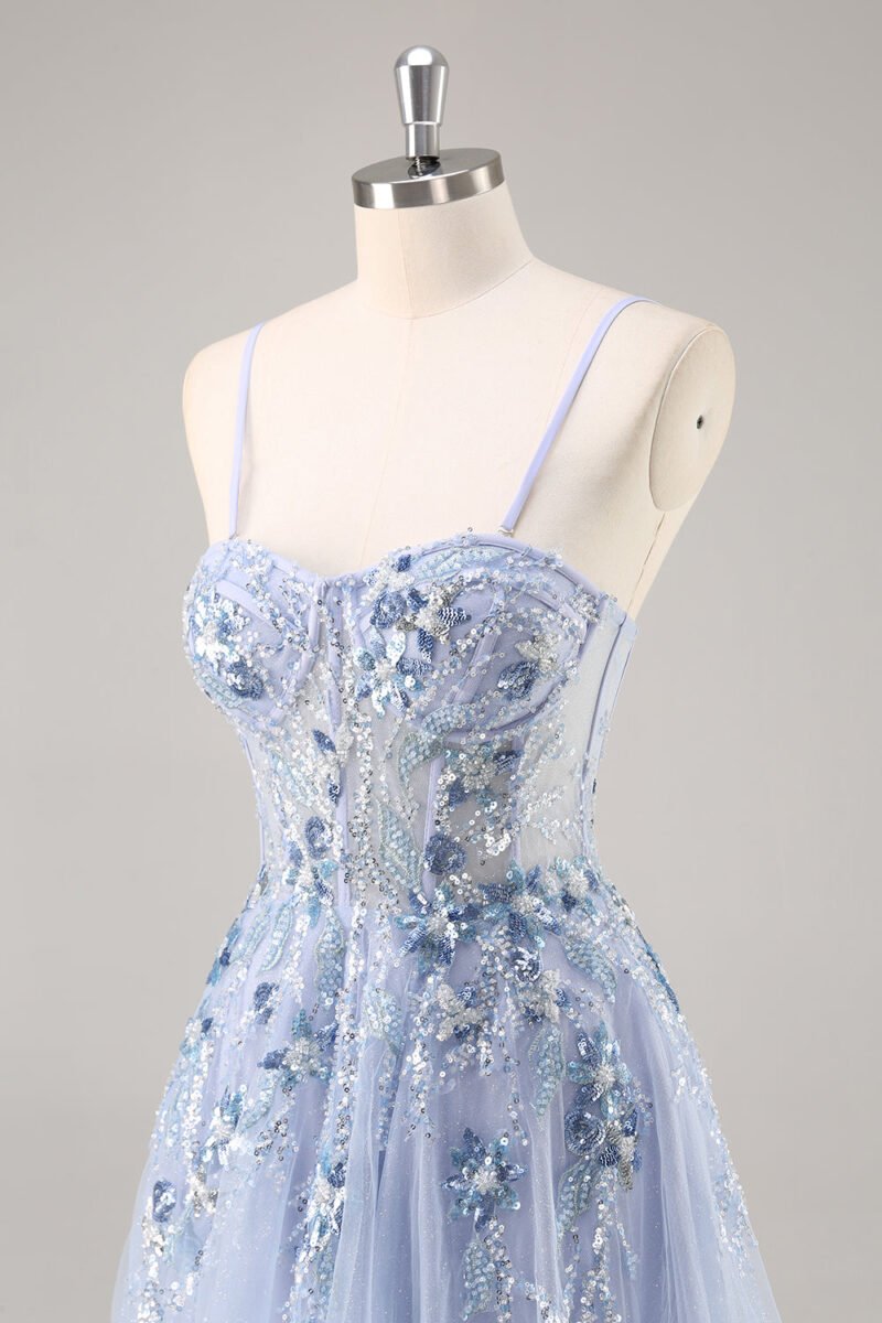 Sky Blue Applique Spaghetti Strap Long Prom Dress with Side Slit