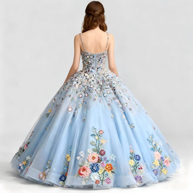 3D Sky Blue Hand-Beaded Floral Quinceanera Gown with Spaghetti Straps – Luxury Ball Gown