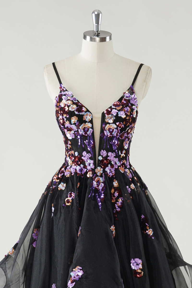 Floral Black Spaghetti Straps A-Line Prom Dress