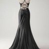 Spaghetti Straps Black Mermaid Beaded Corset Satin Long Prom Dress with Slit