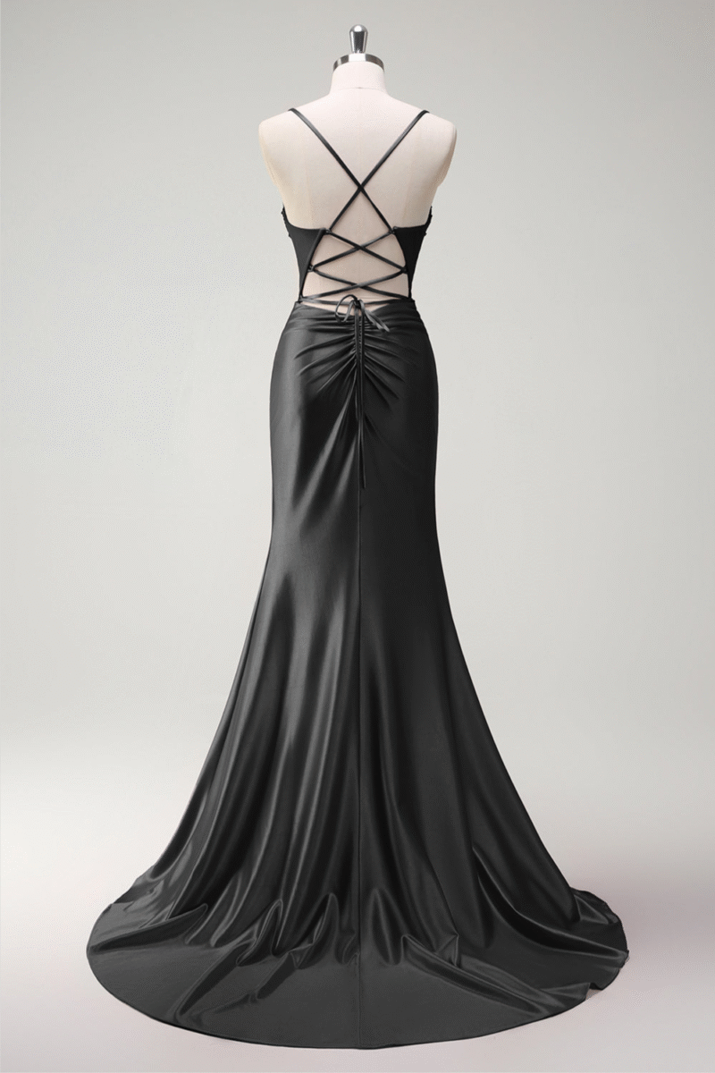 Spaghetti Straps Black Mermaid Beaded Corset Satin Long Prom Dress with Slit