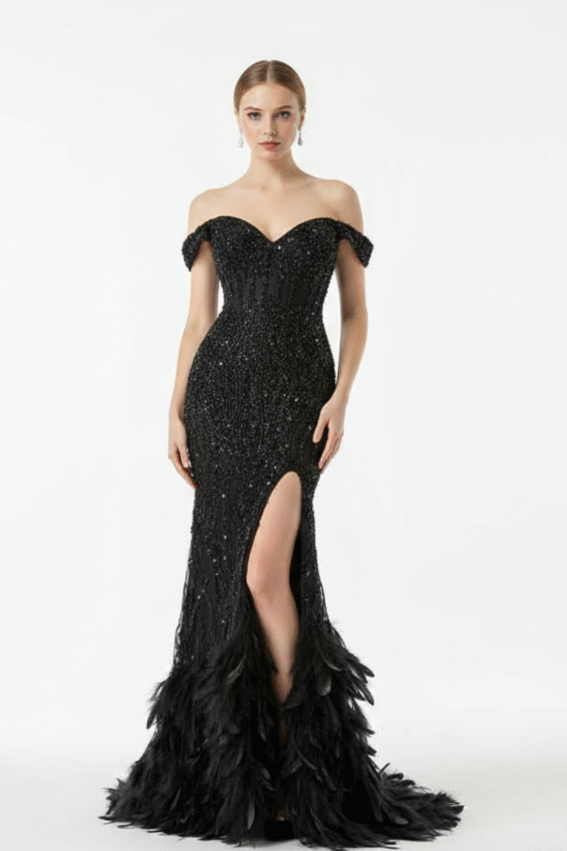 Luxury Black Sequin Feather Long Prom Dress