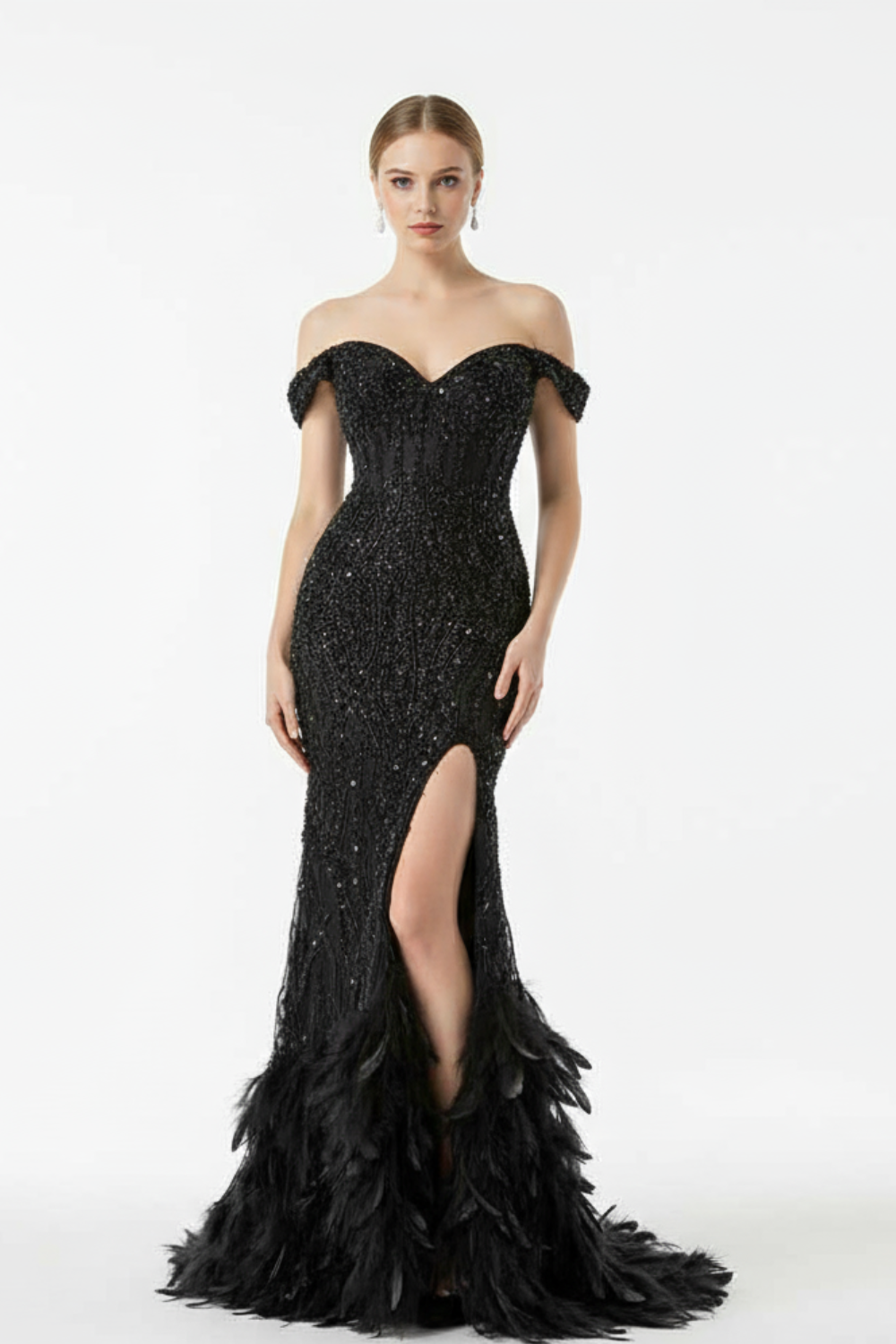 Luxury Black Sequin Feather Long Prom Dress