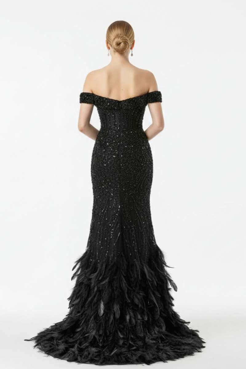 Luxury Black Sequin Feather Long Prom Dress