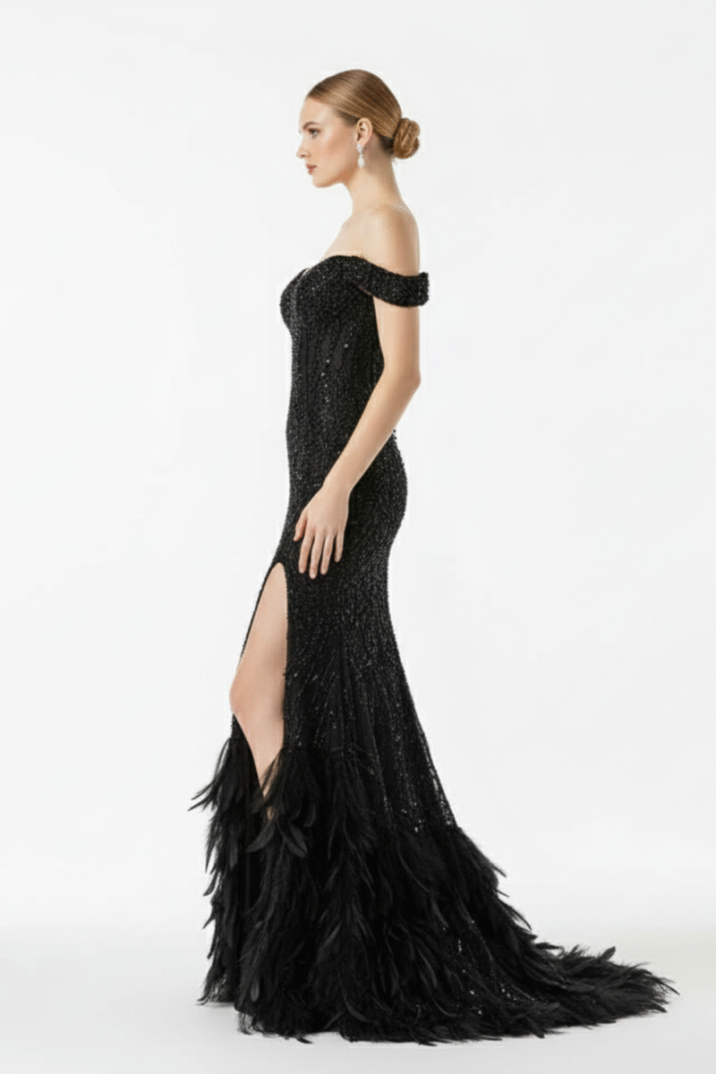 Luxury Black Sequin Feather Long Prom Dress