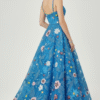 Luxury Blue Hand-Beaded Floral Long Gown with Spaghetti Straps