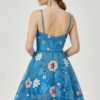 Luxury Blue Hand-Beaded Floral Long Gown with Spaghetti Straps