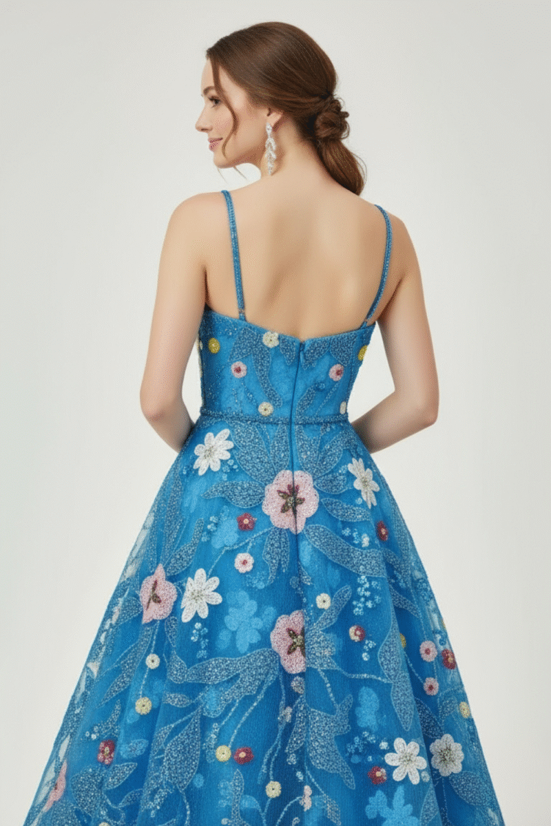 Luxury Blue Hand-Beaded Floral Long Gown with Spaghetti Straps