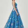 Luxury Blue Hand-Beaded Floral Long Gown with Spaghetti Straps