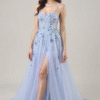 Sky Blue Applique Spaghetti Strap Long Prom Dress with Side Slit