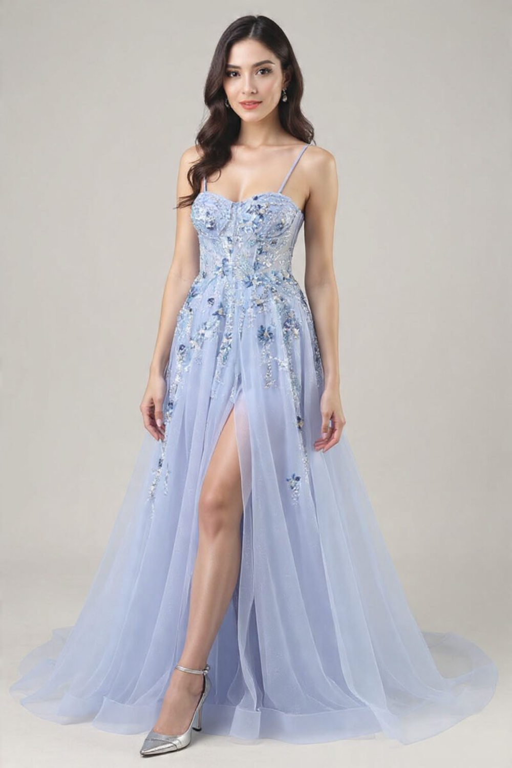 Sky Blue Applique Spaghetti Strap Long Prom Dress with Side Slit