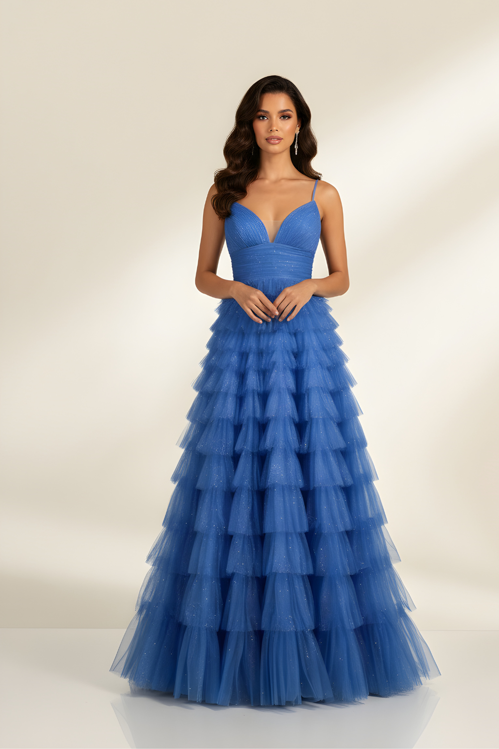 Blue Ruffled Tulle Skirt Prom Dress