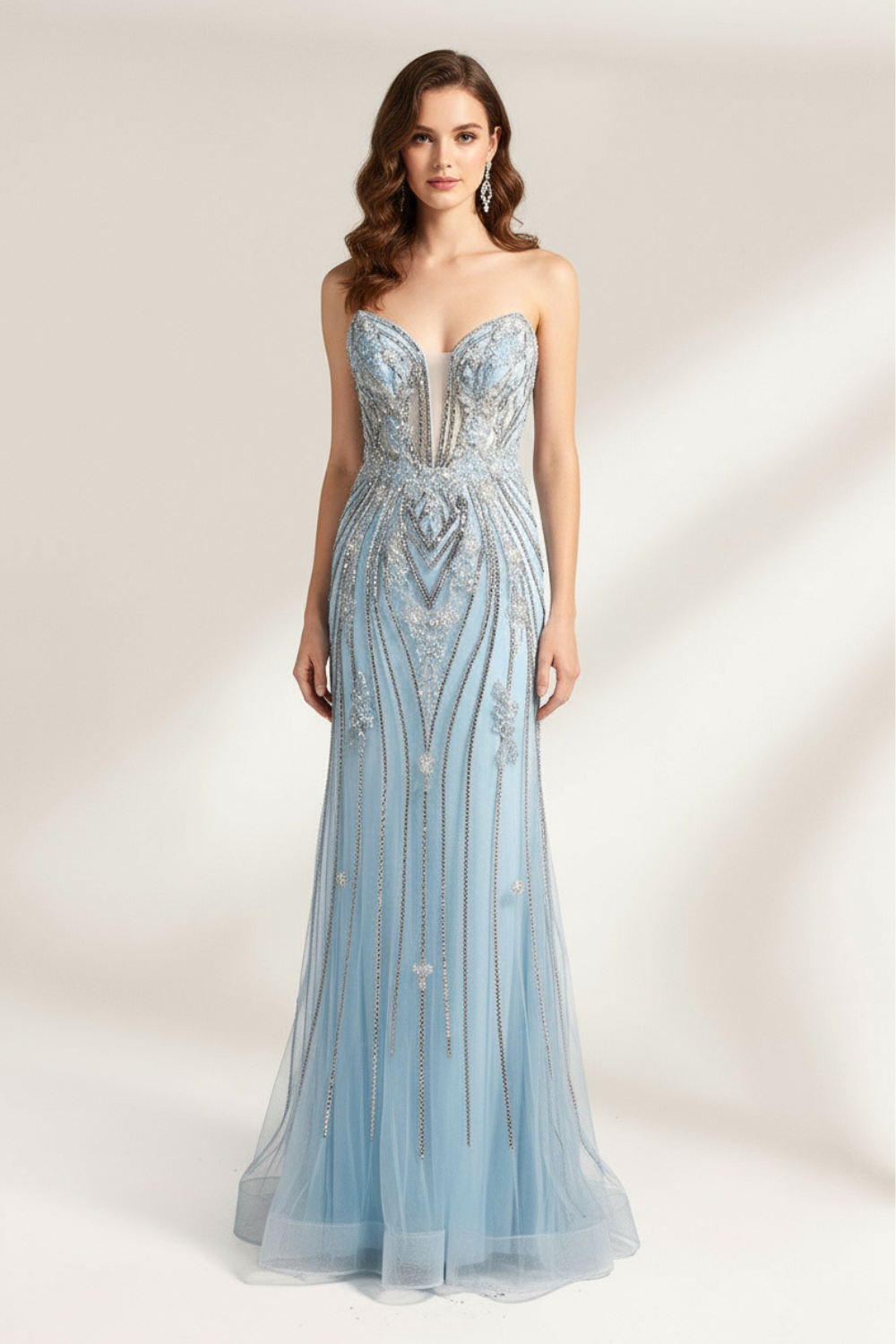 Blue Strapless Floral Beaded Mermaid Prom Dress