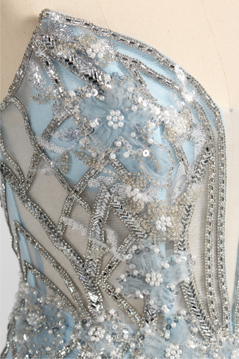 Blue Strapless Floral Beaded Mermaid Prom Dress