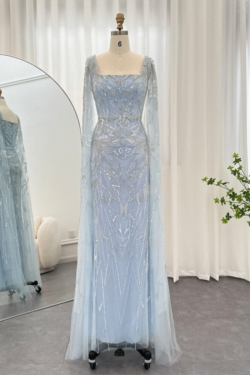Luxury Sky Blue Evening Dress- Square Neckline with Dramatic Cape Sleeves