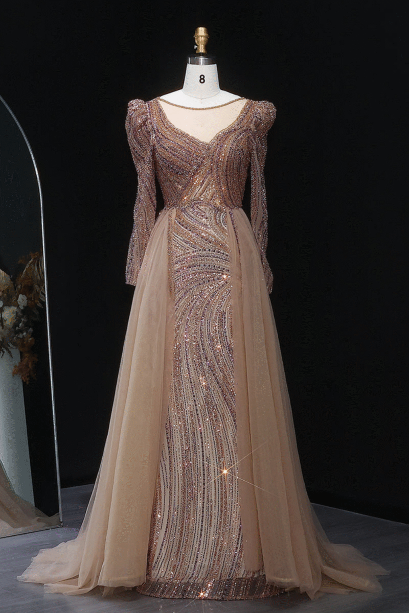 Luxury Brown Evening Dress with Overskirt & Long Sleeves
