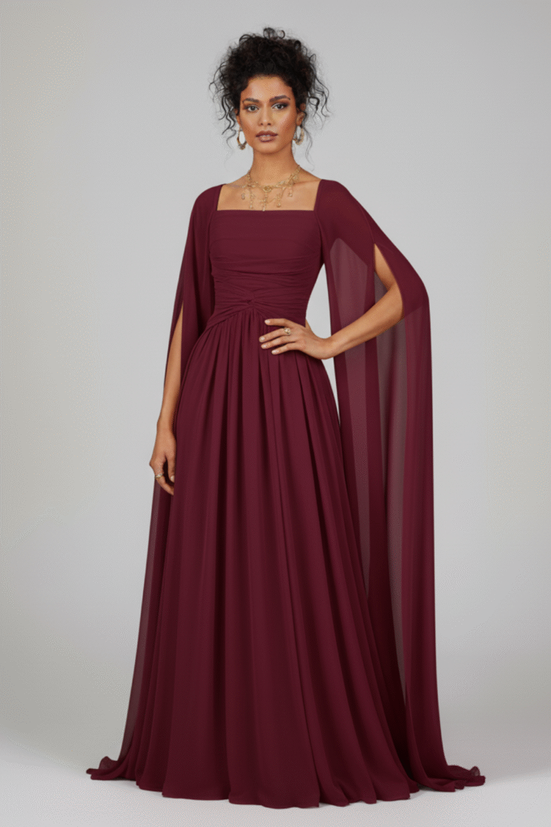 Luxury Chiffon Burgundy A-Line Evening Dress with Cape Sleeves