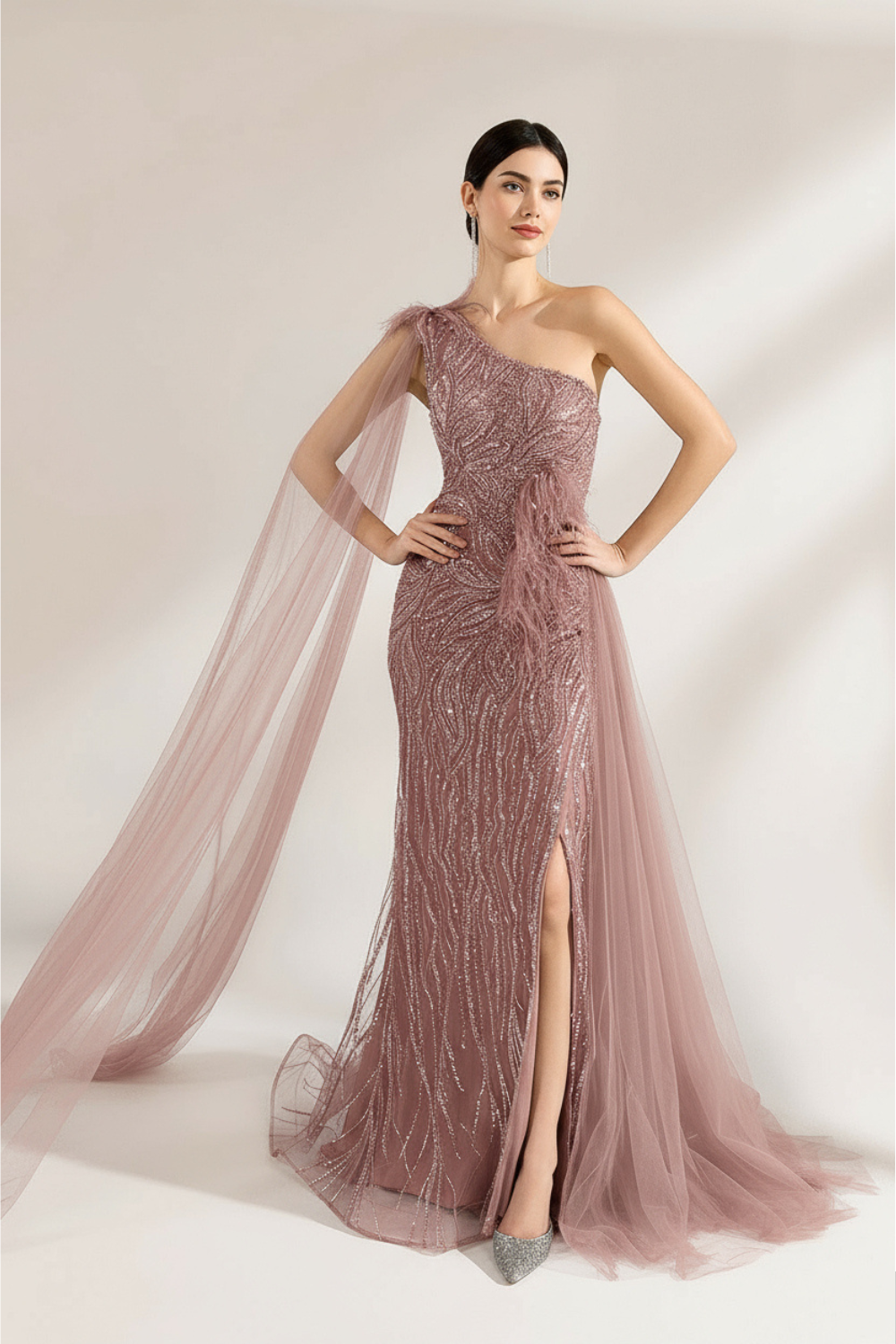 One Shoulder Dusty Pink Sequin Gown with Side Slit