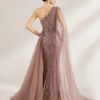 One Shoulder Dusty Pink Sequin Gown with Side Slit