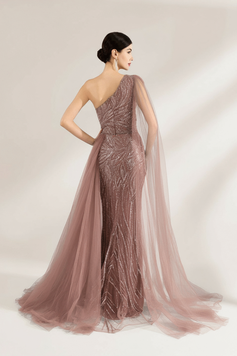 One Shoulder Dusty Pink Sequin Gown with Side Slit