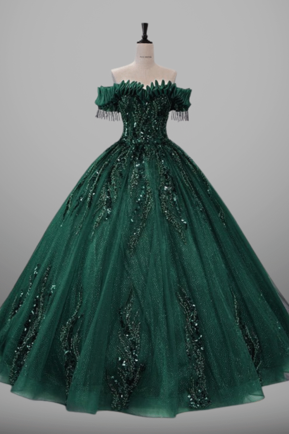 High-End Green Ball Gown Dress with Handmade Pearl Beading and Sequins