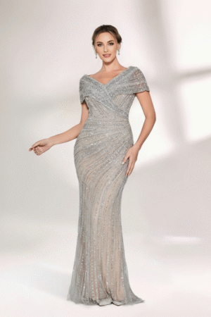 Elegant Silver Beaded Cap Sleeve Mermaid Prom & Evening Dress