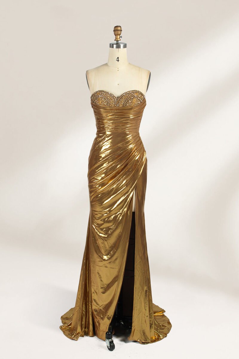 Elegant Gold Strapless Mermaid Evening Dress with Slit