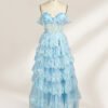 Sky Blue Layered Lace Sequin Evening Dress