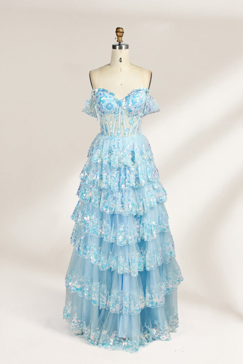 Sky Blue Layered Lace Sequin Evening Dress