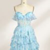 Sky Blue Layered Lace Sequin Evening Dress
