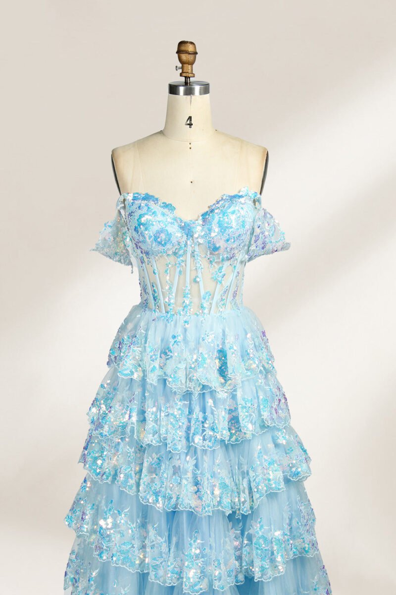 Sky Blue Layered Lace Sequin Evening Dress