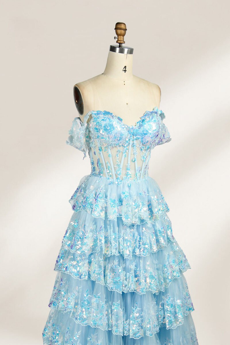 Sky Blue Layered Lace Sequin Evening Dress