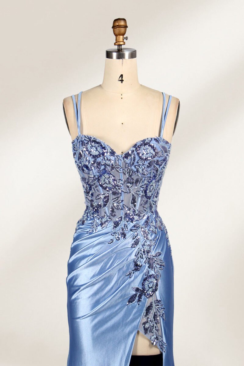 Elegant Blue Sequin Prom Dress with Slit