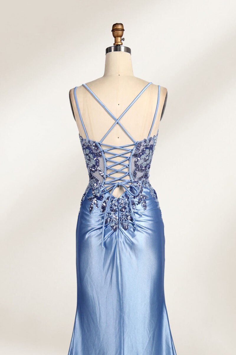 Elegant Blue Sequin Prom Dress with Slit
