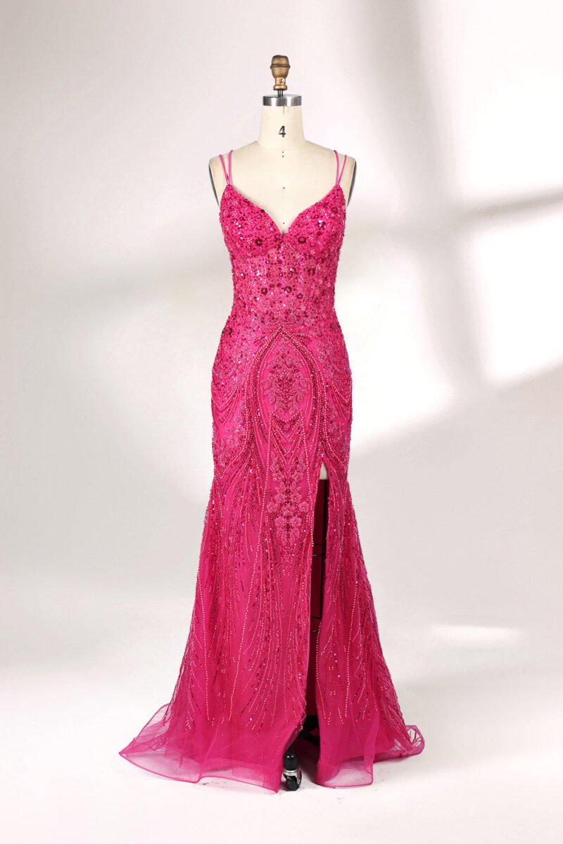 Elegant Pink Sequin Beaded Prom Dress