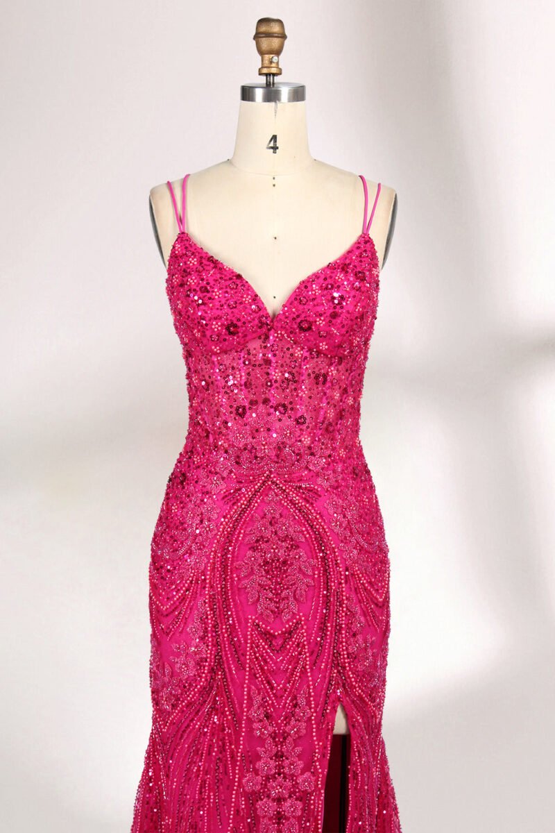 Elegant Pink Sequin Beaded Prom Dress
