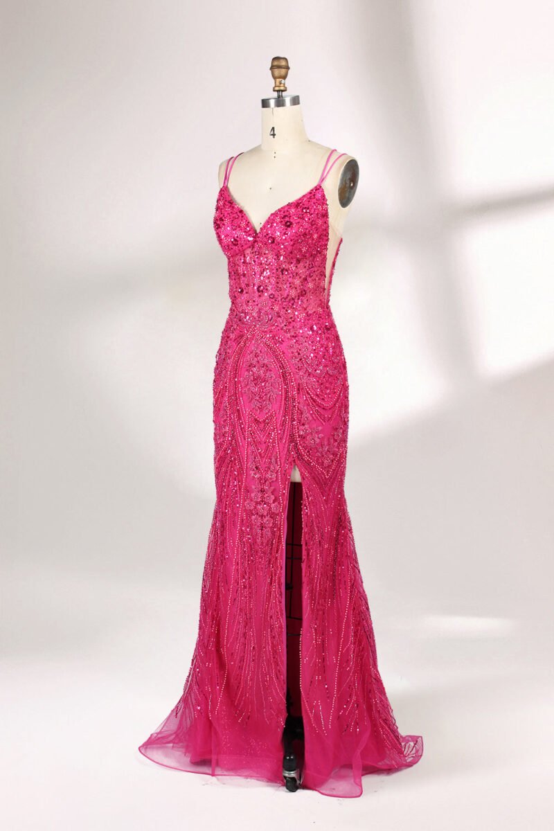 Elegant Pink Sequin Beaded Prom Dress
