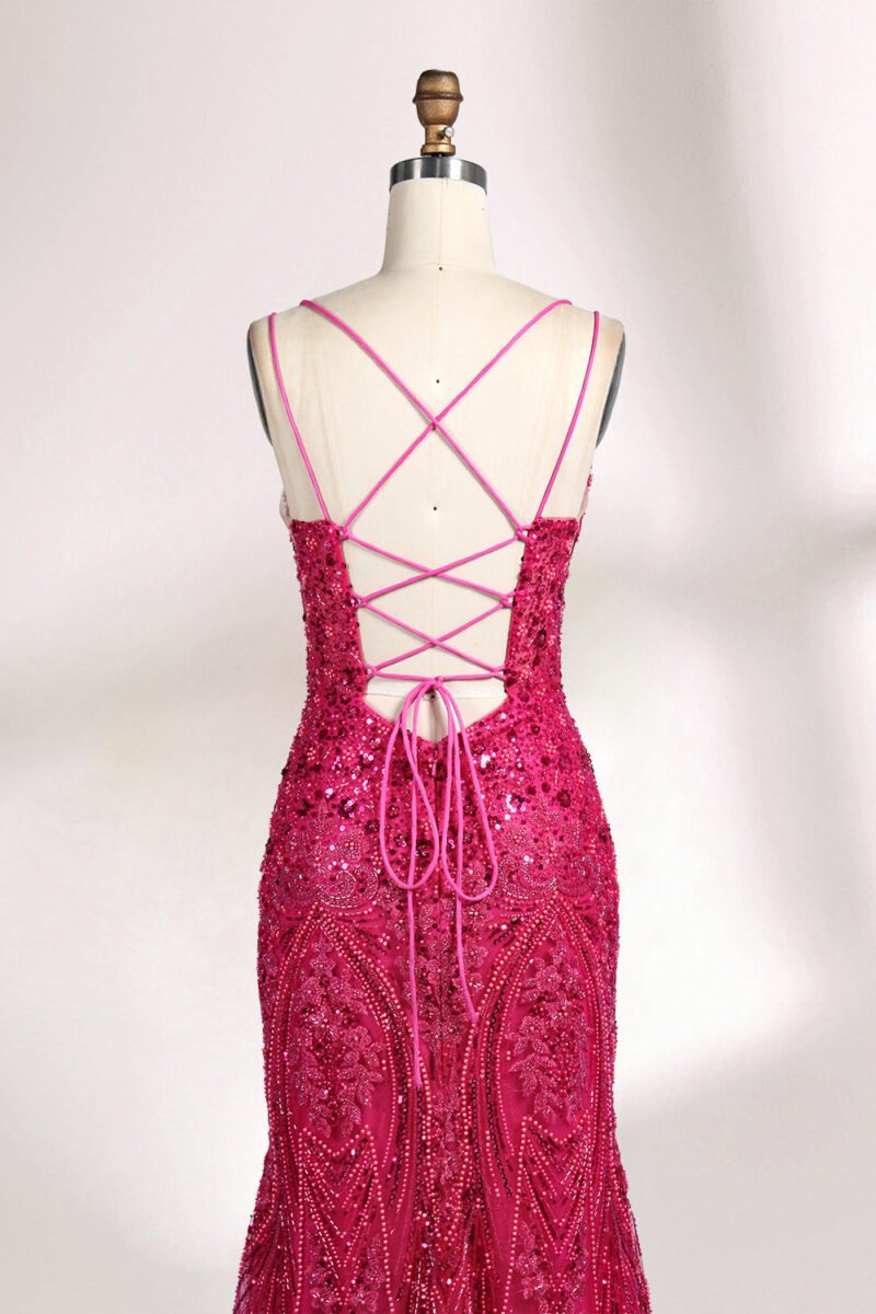Elegant Pink Sequin Beaded Prom Dress