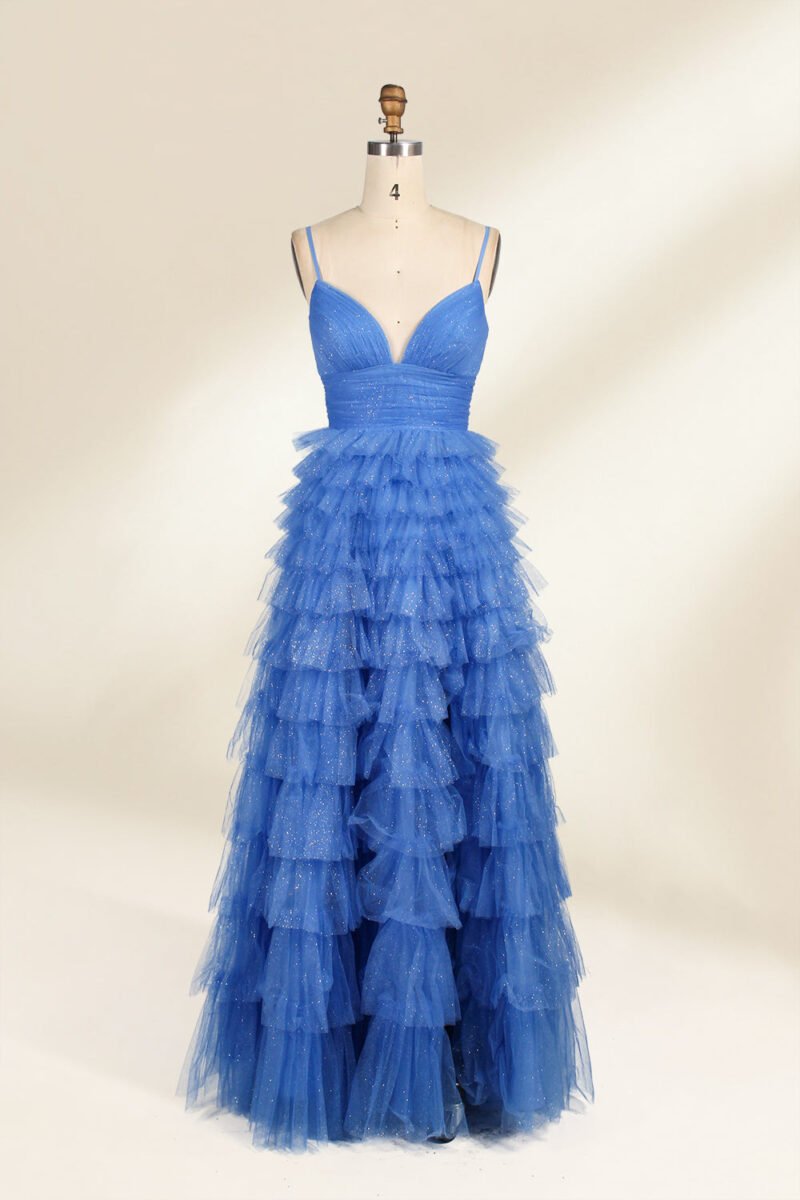 Blue Ruffled Tulle Skirt Prom Dress