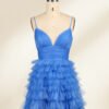 Blue Ruffled Tulle Skirt Prom Dress