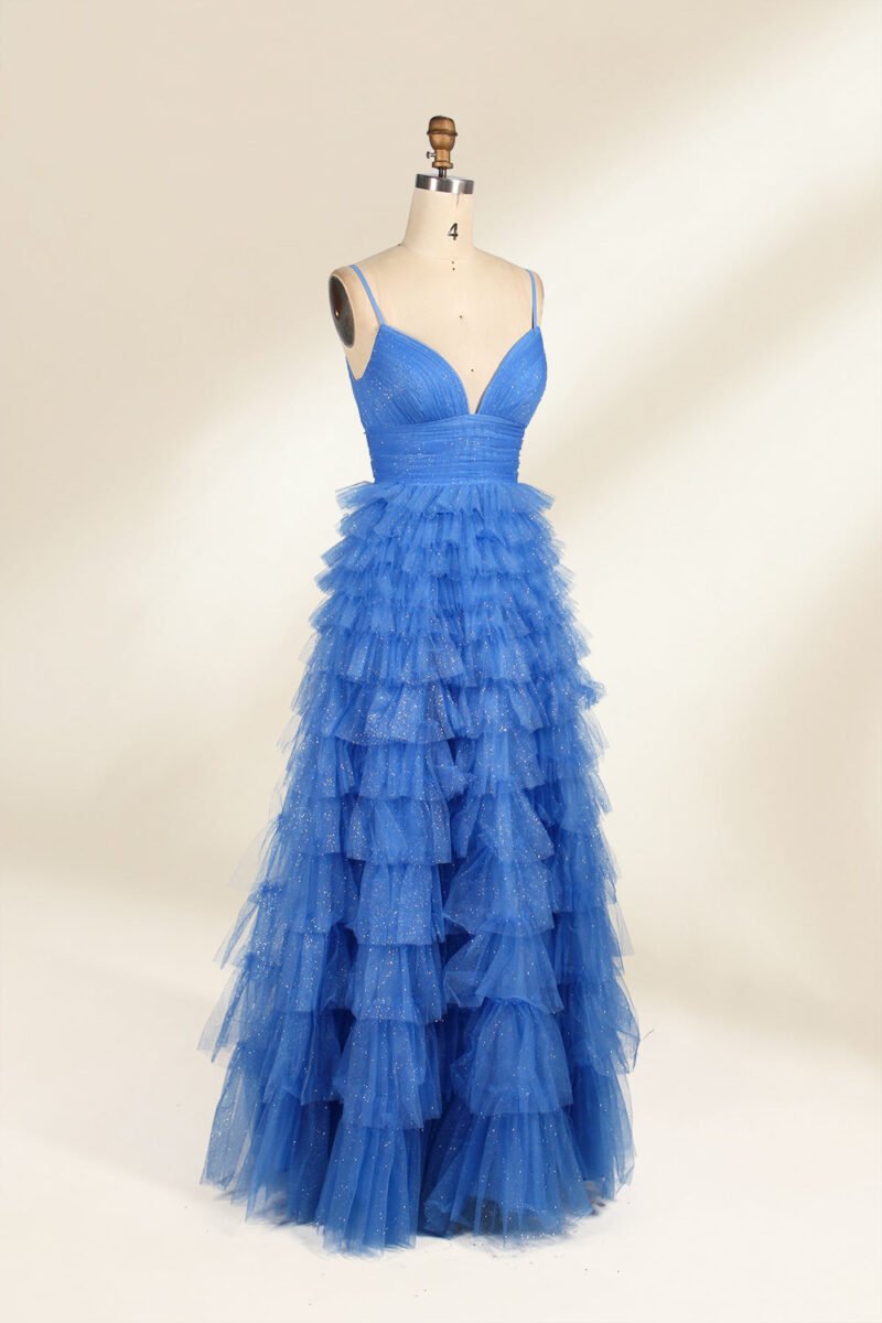 Blue Ruffled Tulle Skirt Prom Dress