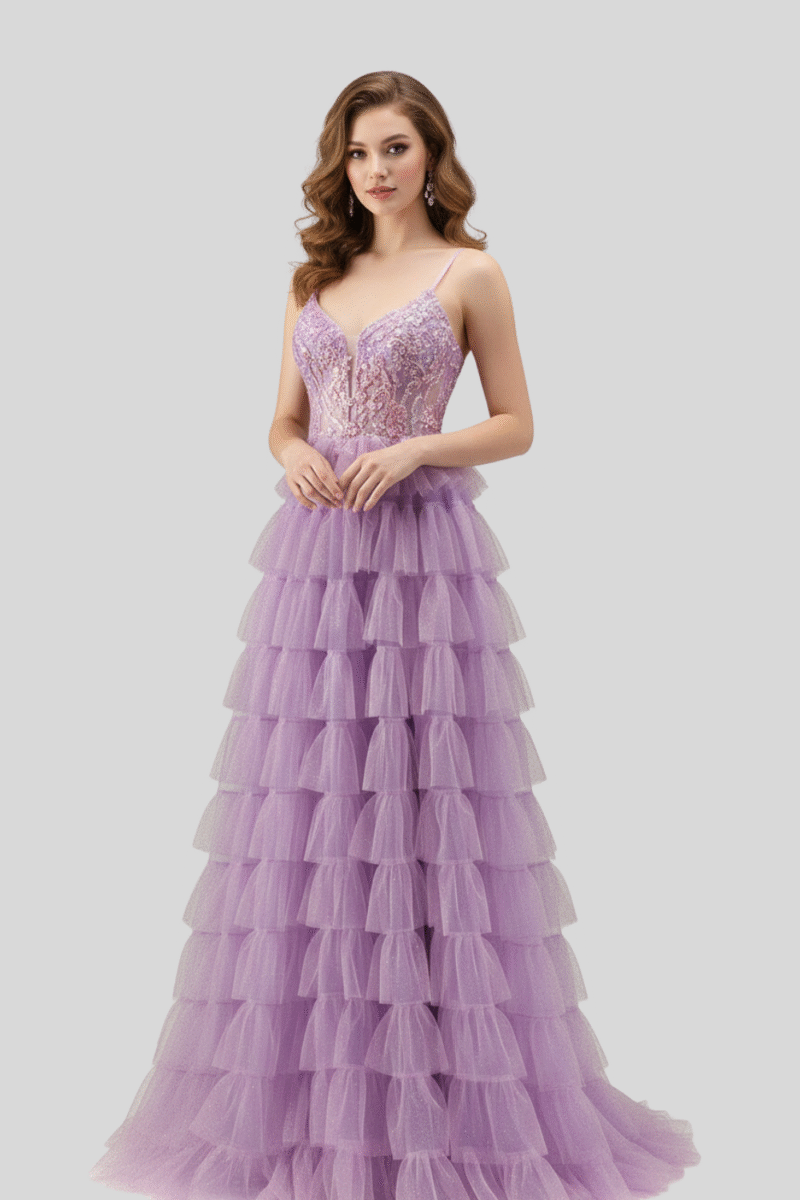 Sequin Glitter Lilac Tulle Spaghetti Straps Corset Prom Dress with Slit