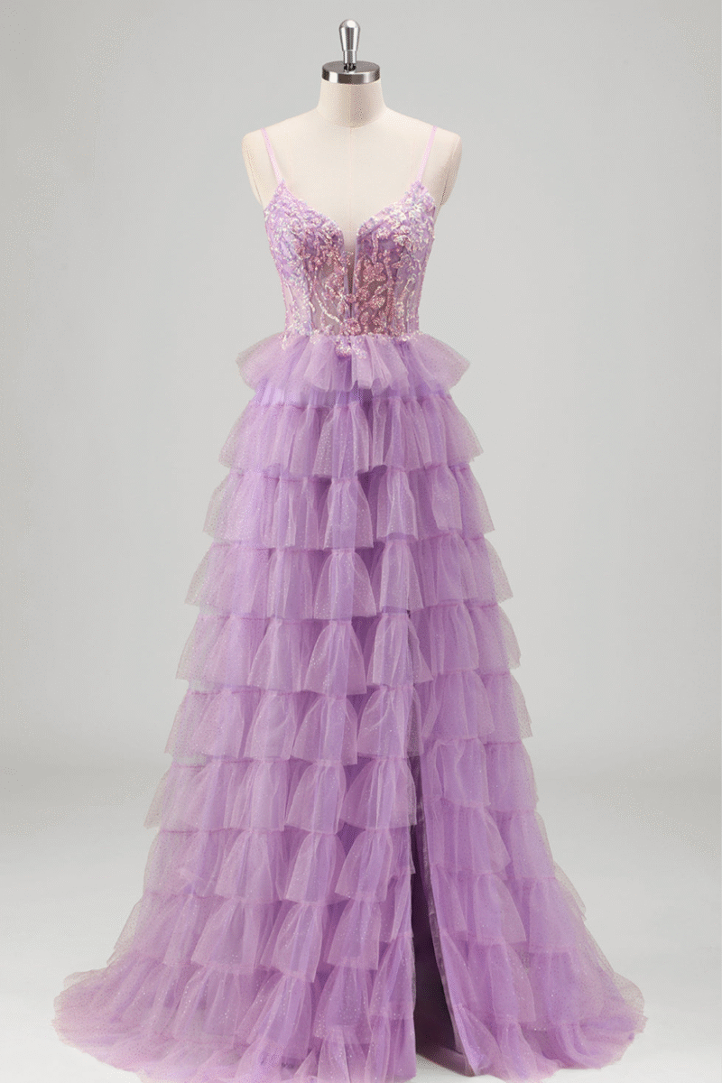 Sequin Glitter Lilac Tulle Spaghetti Straps Corset Prom Dress with Slit