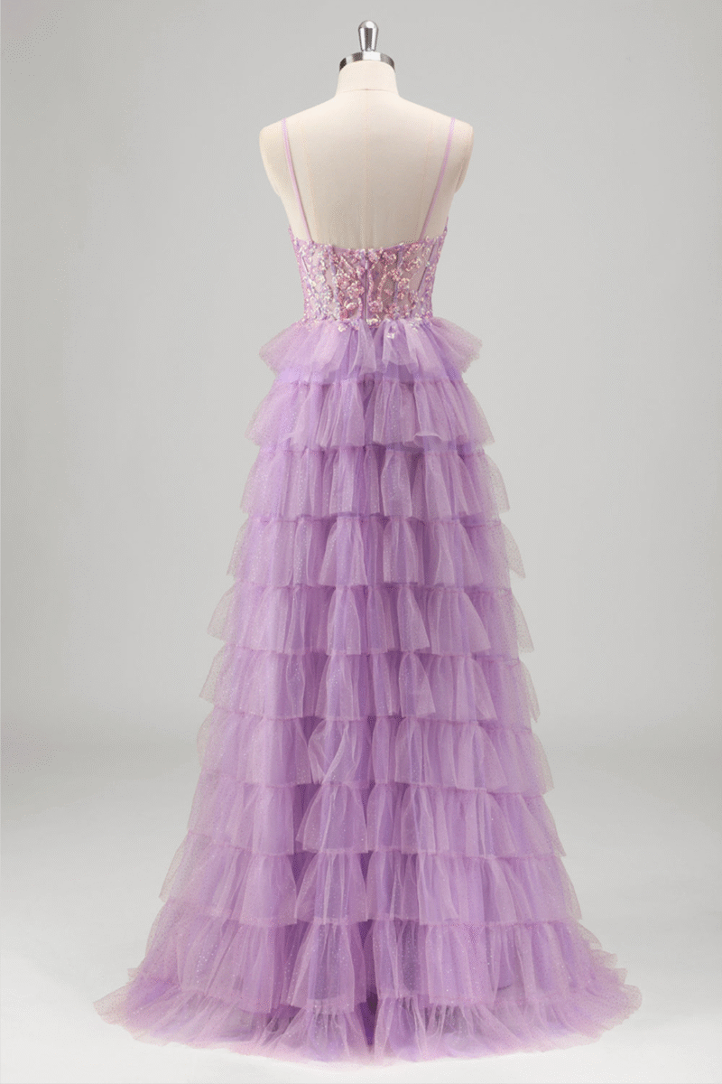 Sequin Glitter Lilac Tulle Spaghetti Straps Corset Prom Dress with Slit