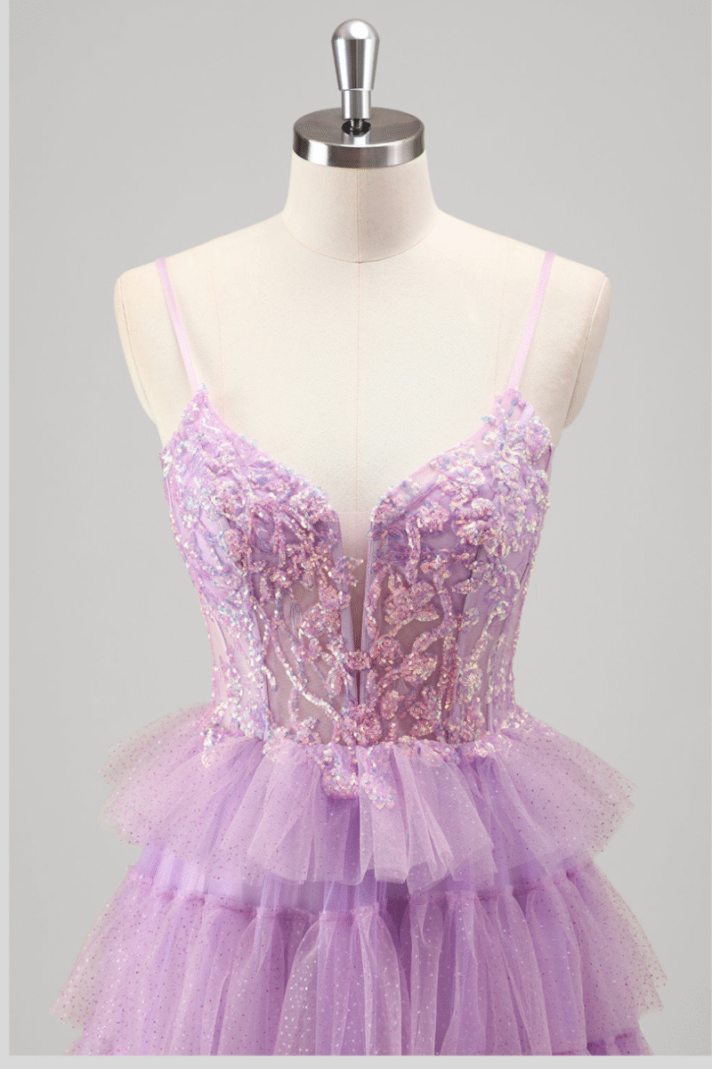 Sequin Glitter Lilac Tulle Spaghetti Straps Corset Prom Dress with Slit