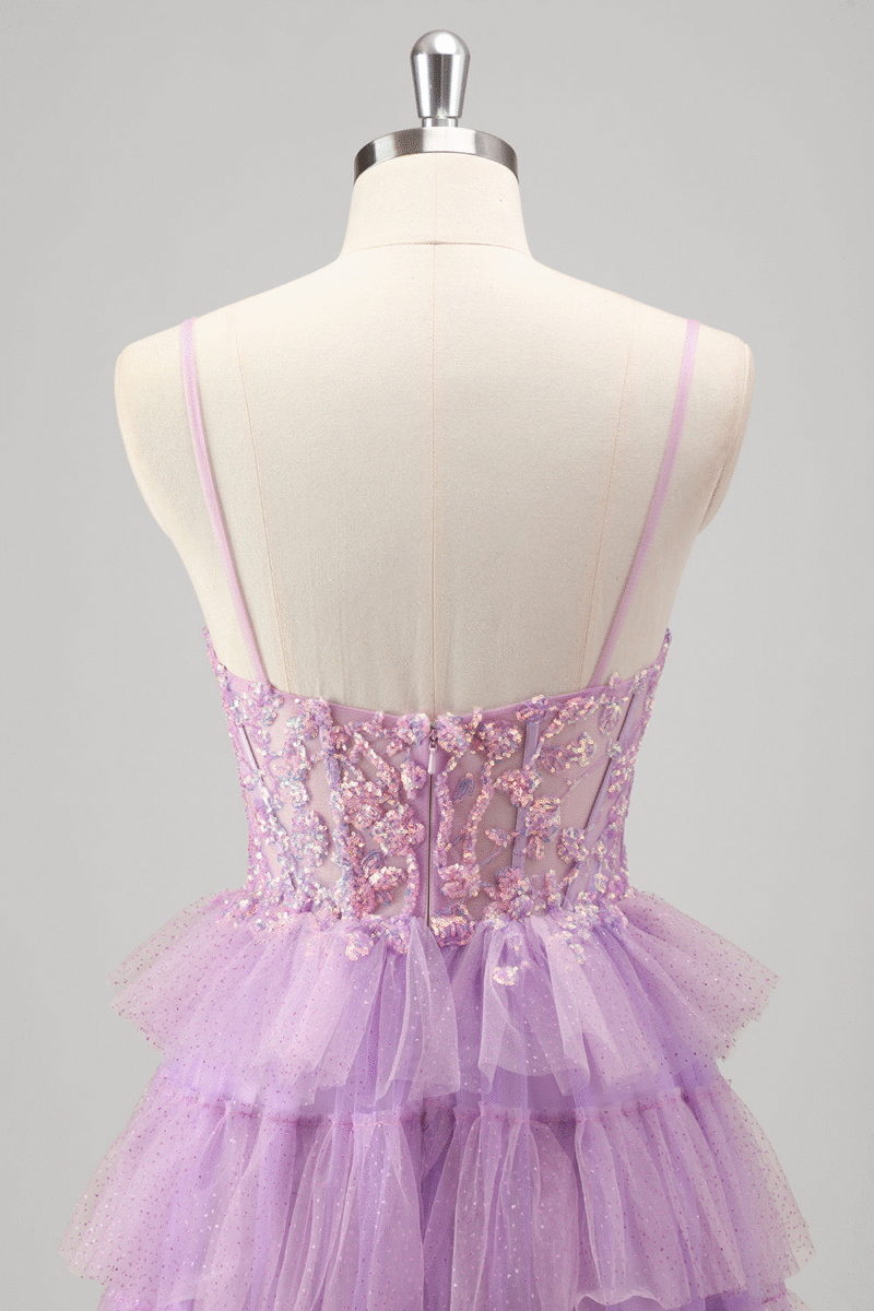 Sequin Glitter Lilac Tulle Spaghetti Straps Corset Prom Dress with Slit