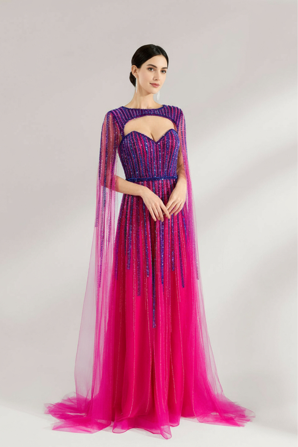 Pink & Purple Beaded Mermaid Long Prom Dress